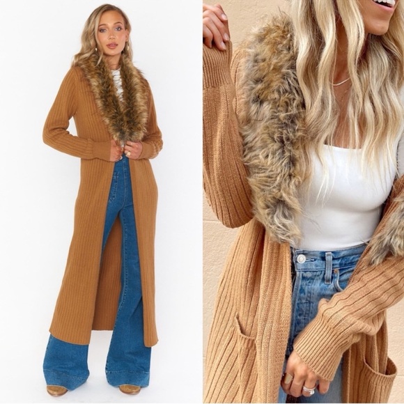 Show Me Your MuMu Sweaters - Show Me Your Mumu Lombardi Long Cardi Cardigan SMYM Hazelnut faux fur revolve